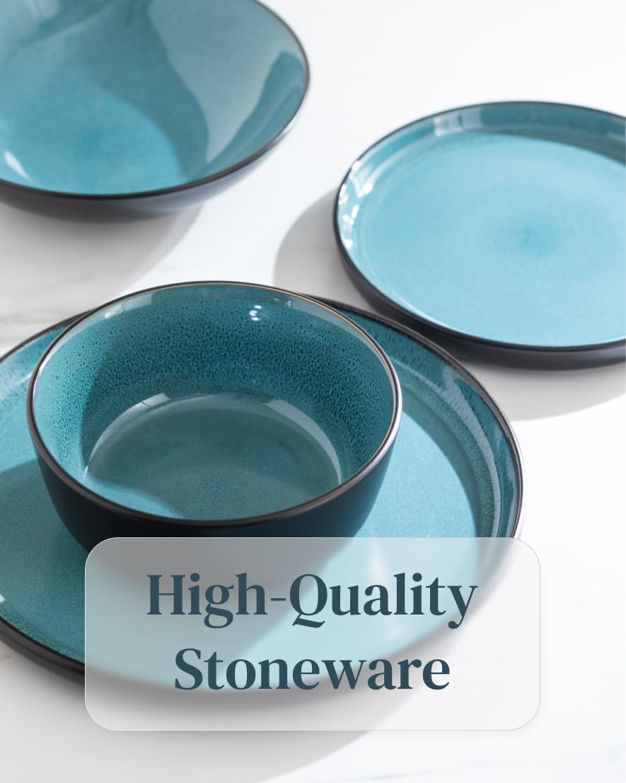 32-Piece Stoneware Dinnerware Set for 8 – Modern, Scratch Resistant, Black & Petrol Blue
