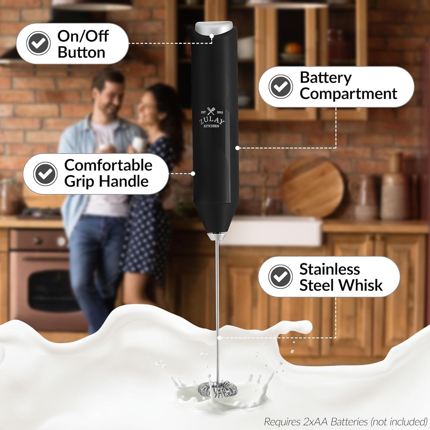Zulay Kitchen Milk Frother β Stainless Steel, Battery Operated (Black)