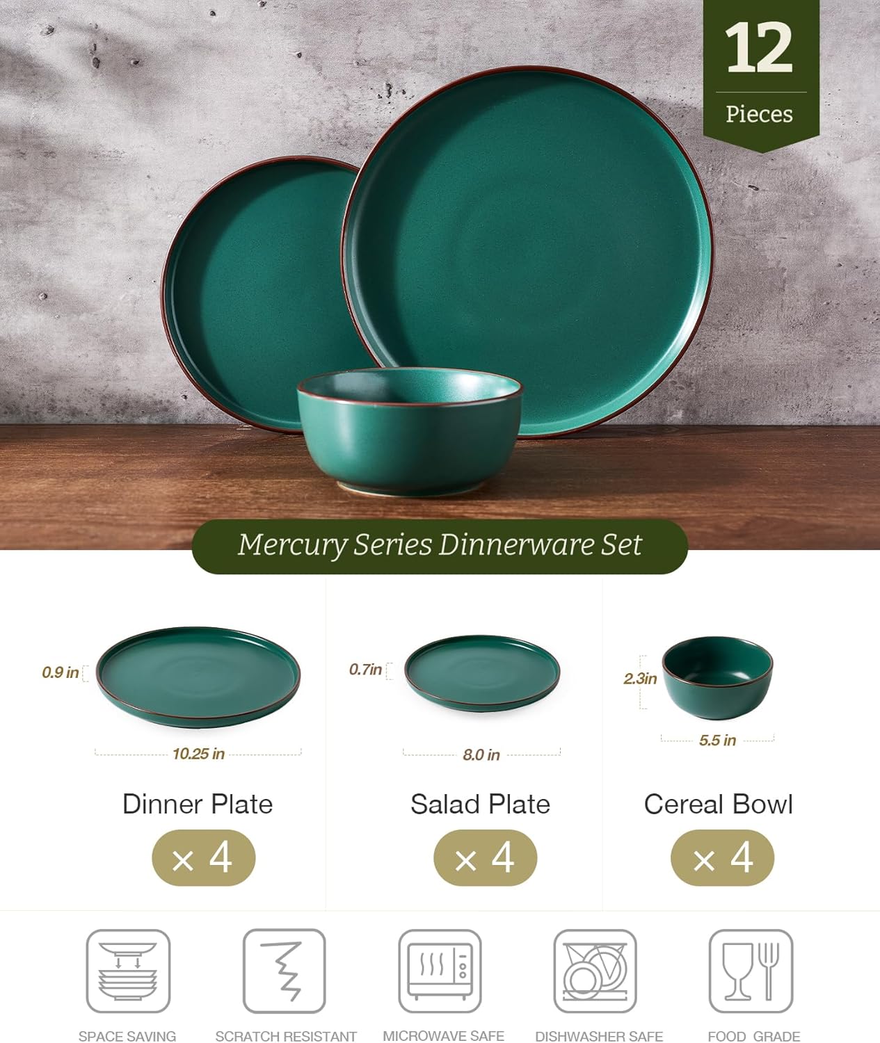 Famiware Mercury 12-Piece Stoneware Dinnerware Set for 4 – Dark Green