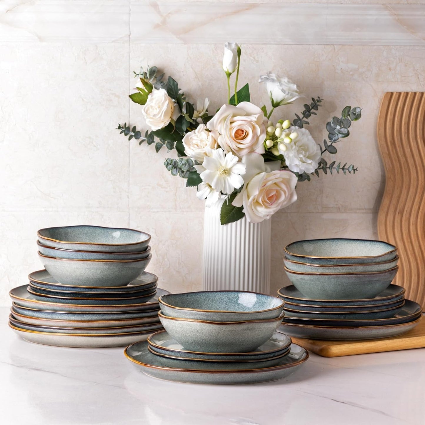 AmorArc 18-Piece Ceramic Dinnerware Set – Handmade Reactive Glaze, Service for 6