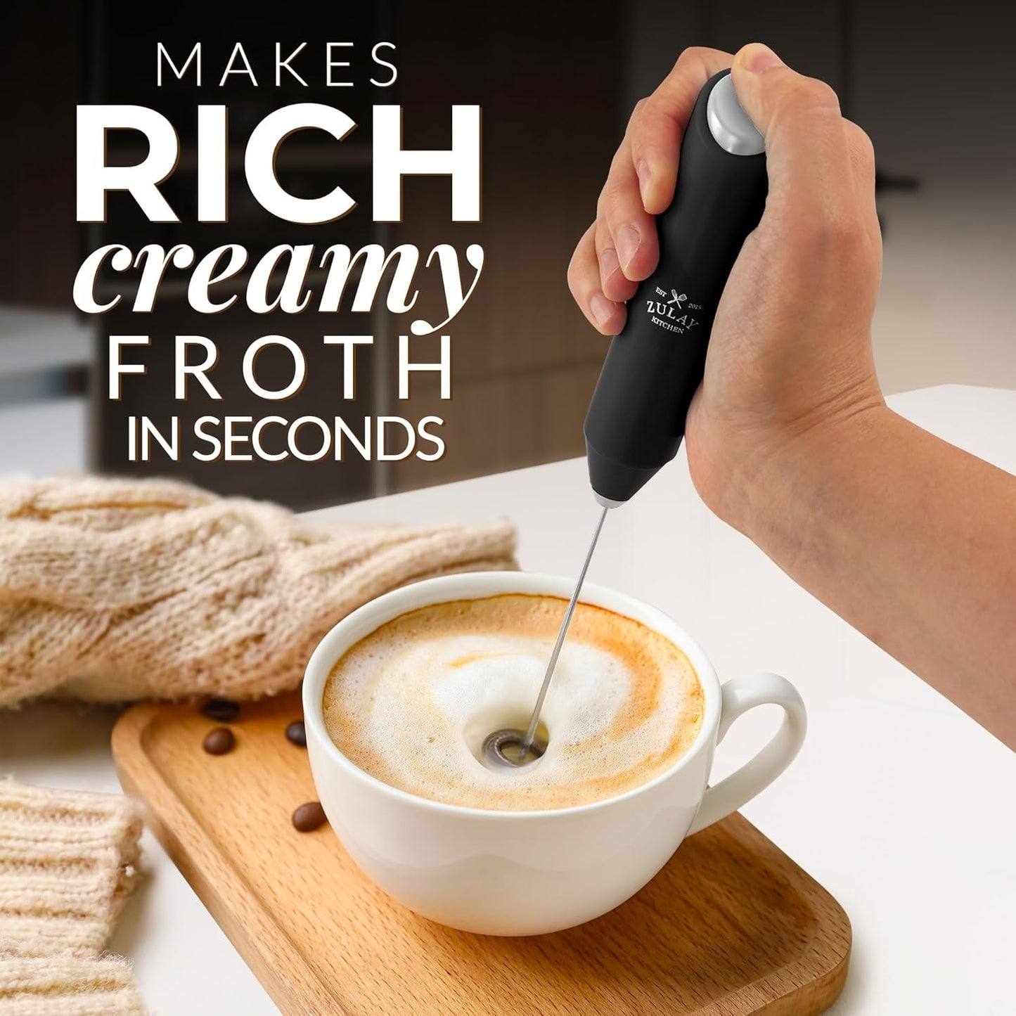 Zulay Kitchen Milk Frother β Stainless Steel, Battery Operated (Black)
