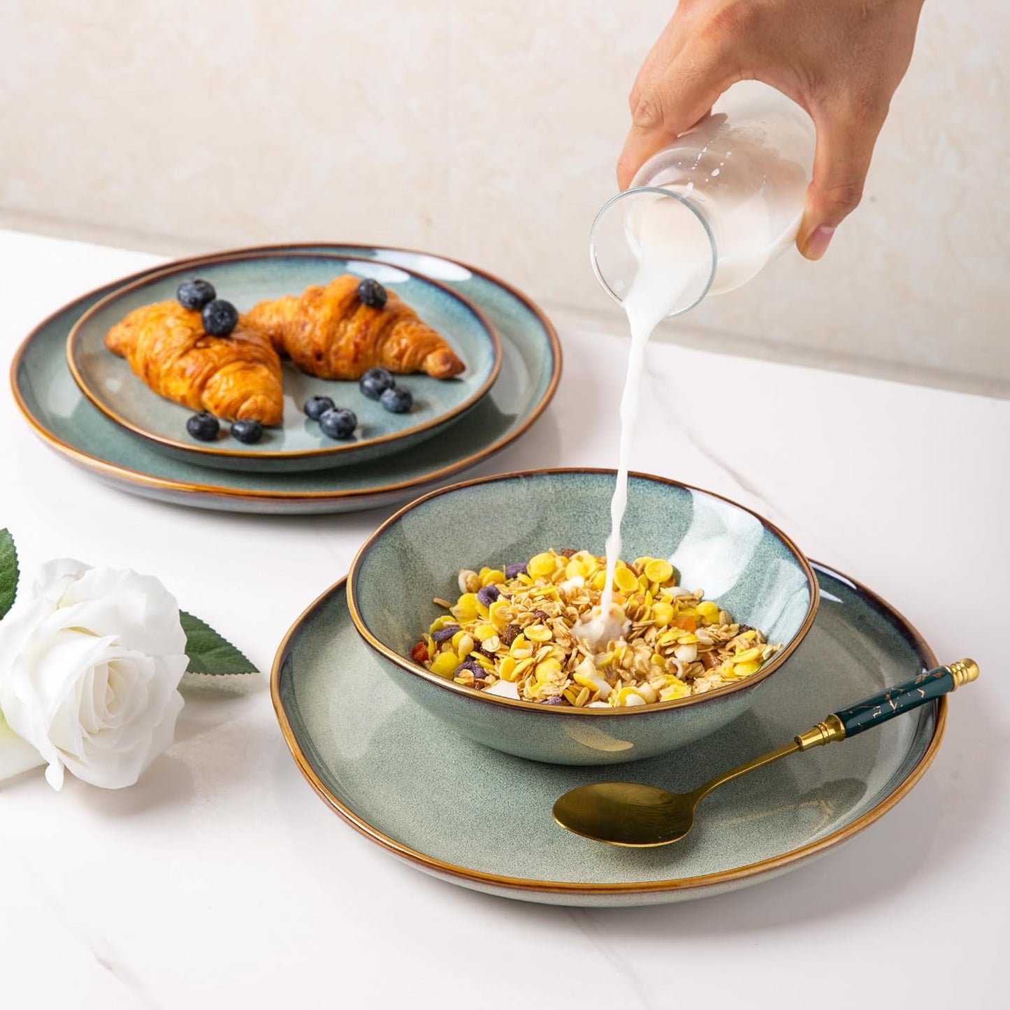 AmorArc 18-Piece Ceramic Dinnerware Set – Handmade Reactive Glaze, Service for 6