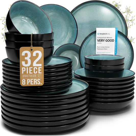 32-Piece Stoneware Dinnerware Set for 8 – Modern, Scratch Resistant, Black & Petrol Blue